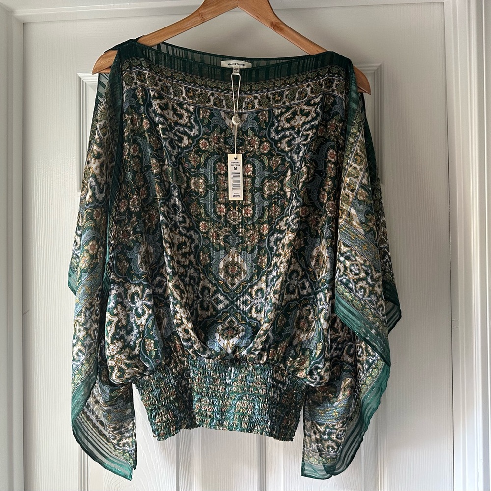 NWT Max Studio Flowy Split Sleeve Scarf Top Women's Green Shirred Waist Boho New